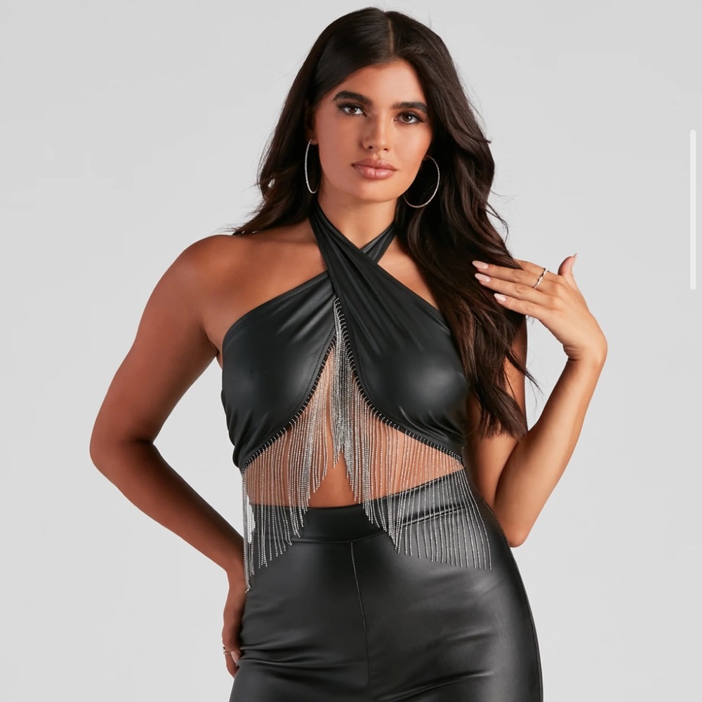 NEW Black Leather Fringe Halter Top